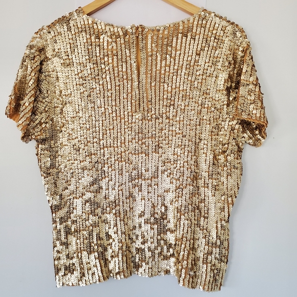 VINTAGE OSCAR DE LA RENTA Sz L Gold Sequin Short Sleeve Sweater Top Zip GLITZY - Picture 7 of 16